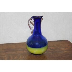 Vintage Art Glass Blue Yellow Pitcher Ewer - Repaired Handle